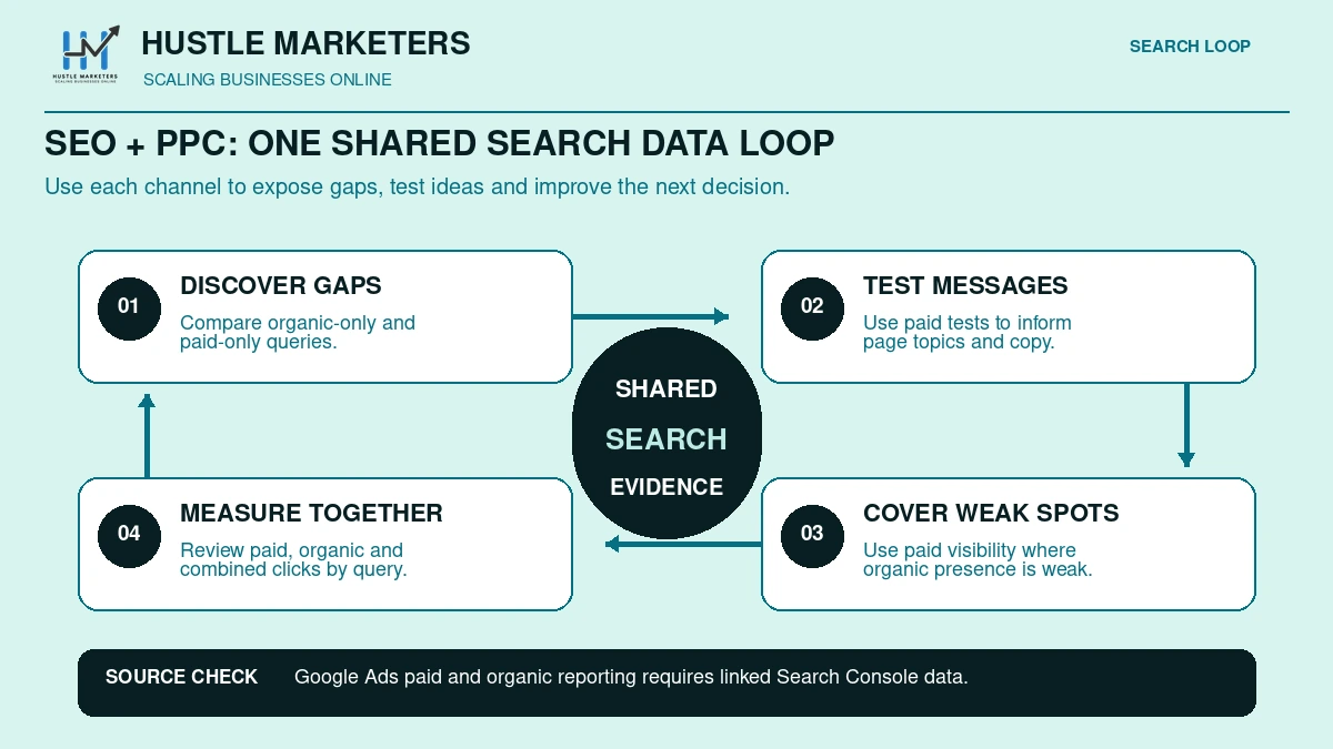 Shared SEO and PPC search data loop for discovering gaps, testing messages, covering weak spots and measuring together