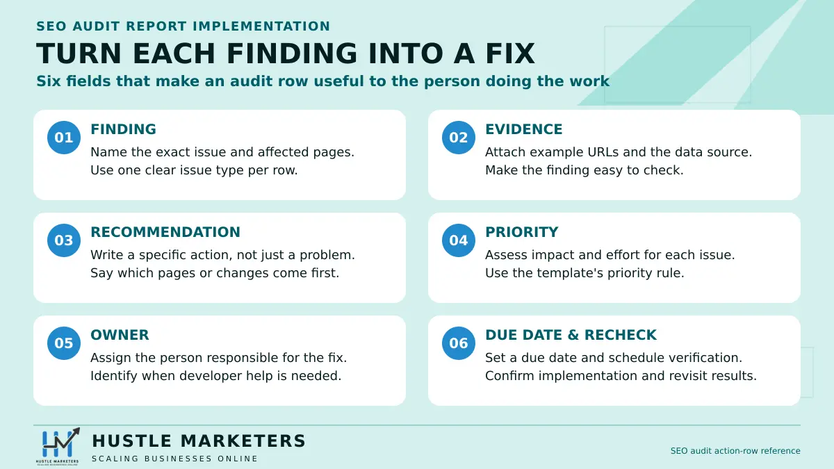 SEO audit action-row checklist with finding, evidence, recommendation, priority, owner, due date and recheck.
