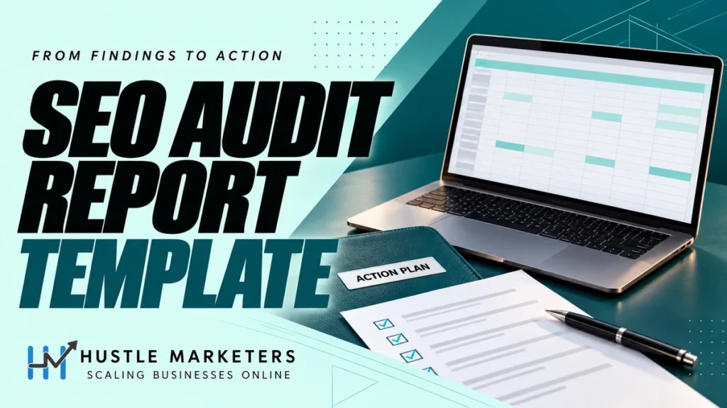 SEO audit report template cover showing a large laptop with an abstract spreadsheet beside an action-plan folder, blank audit checklist and pen.