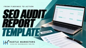 SEO audit report template cover showing a large laptop with an abstract spreadsheet beside an action-plan folder, blank audit checklist and pen.