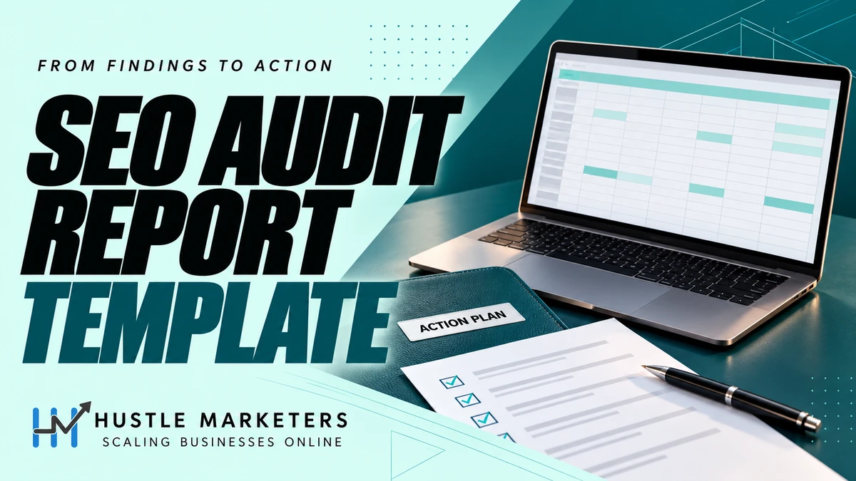 SEO audit report template cover showing a large laptop with an abstract spreadsheet beside an action-plan folder, blank audit checklist and pen.