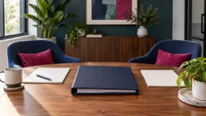 SEO client proposal binder and blank planning sheets on a two-person meeting table.