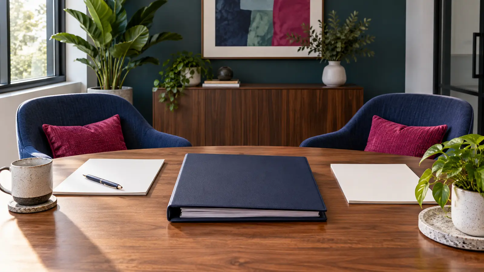 SEO client proposal binder and blank planning sheets on a two-person meeting table.