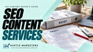 SEO content services cover showing an editorial brief, draft and review workflow.