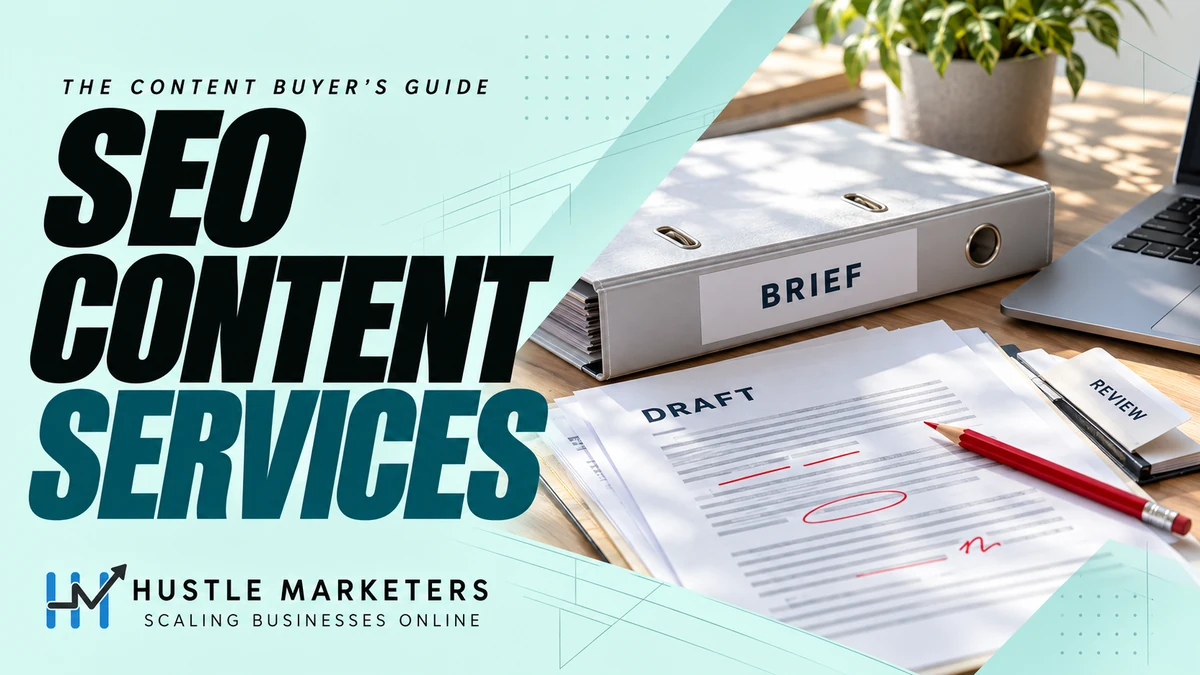SEO content services cover showing an editorial brief, draft and review workflow.