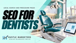 SEO for dentists cover showing a large empty teal dental chair and examination light beside a tablet with an illustrative procedure-page layout.