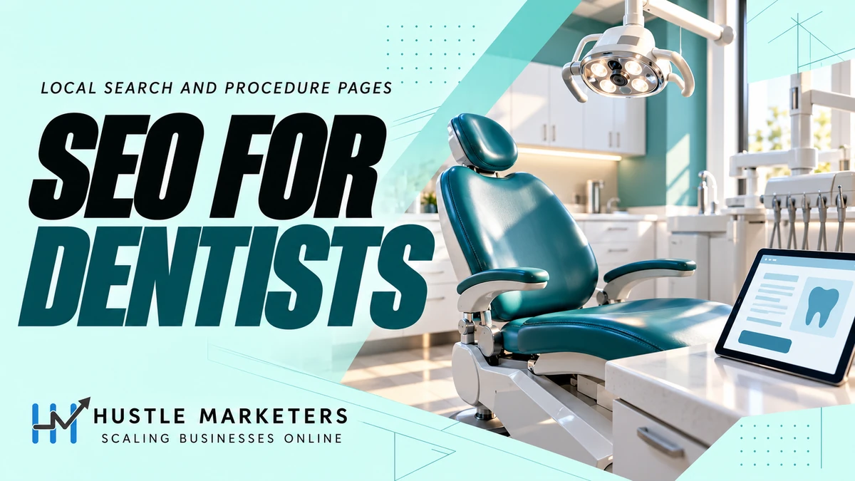 SEO for dentists cover showing a large empty teal dental chair and examination light beside a tablet with an illustrative procedure-page layout.