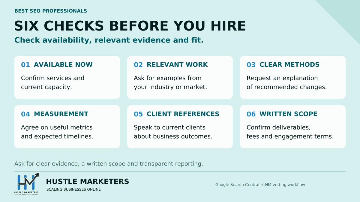 Six checks before hiring an SEO professional: availability, relevant work, clear methods, measurement, client references and written scope.