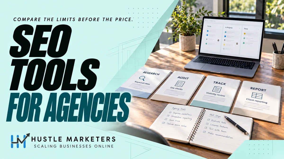 SEO tools for agencies cover with research, audit, tracking and reporting folders.