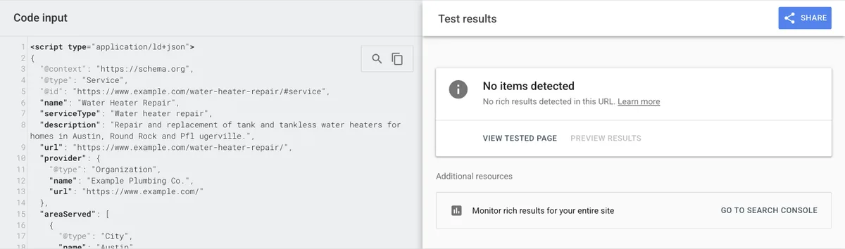 Google Rich Results Test with a Service JSON-LD block for water heater repair in the code input and the result No items detected