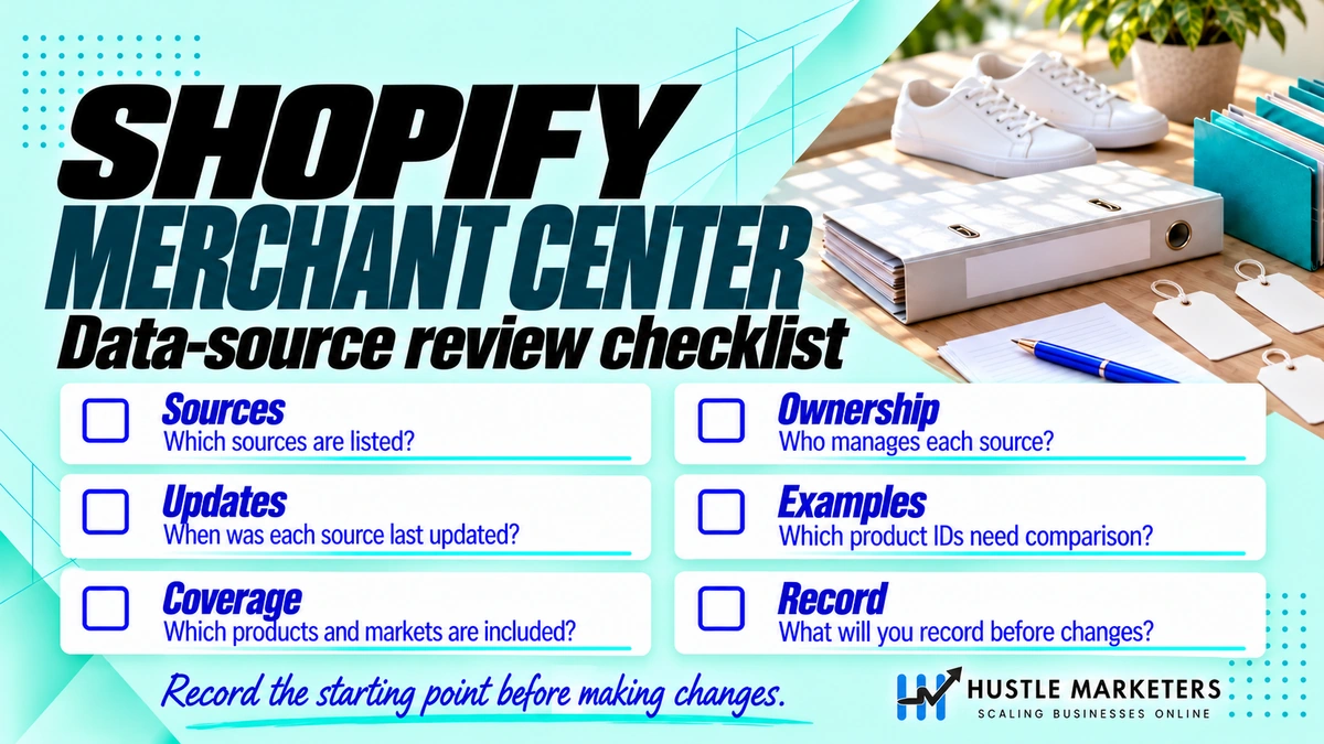 Shopify Merchant Center data-source review checklist: sources, ownership, updates, product examples, coverage and records.