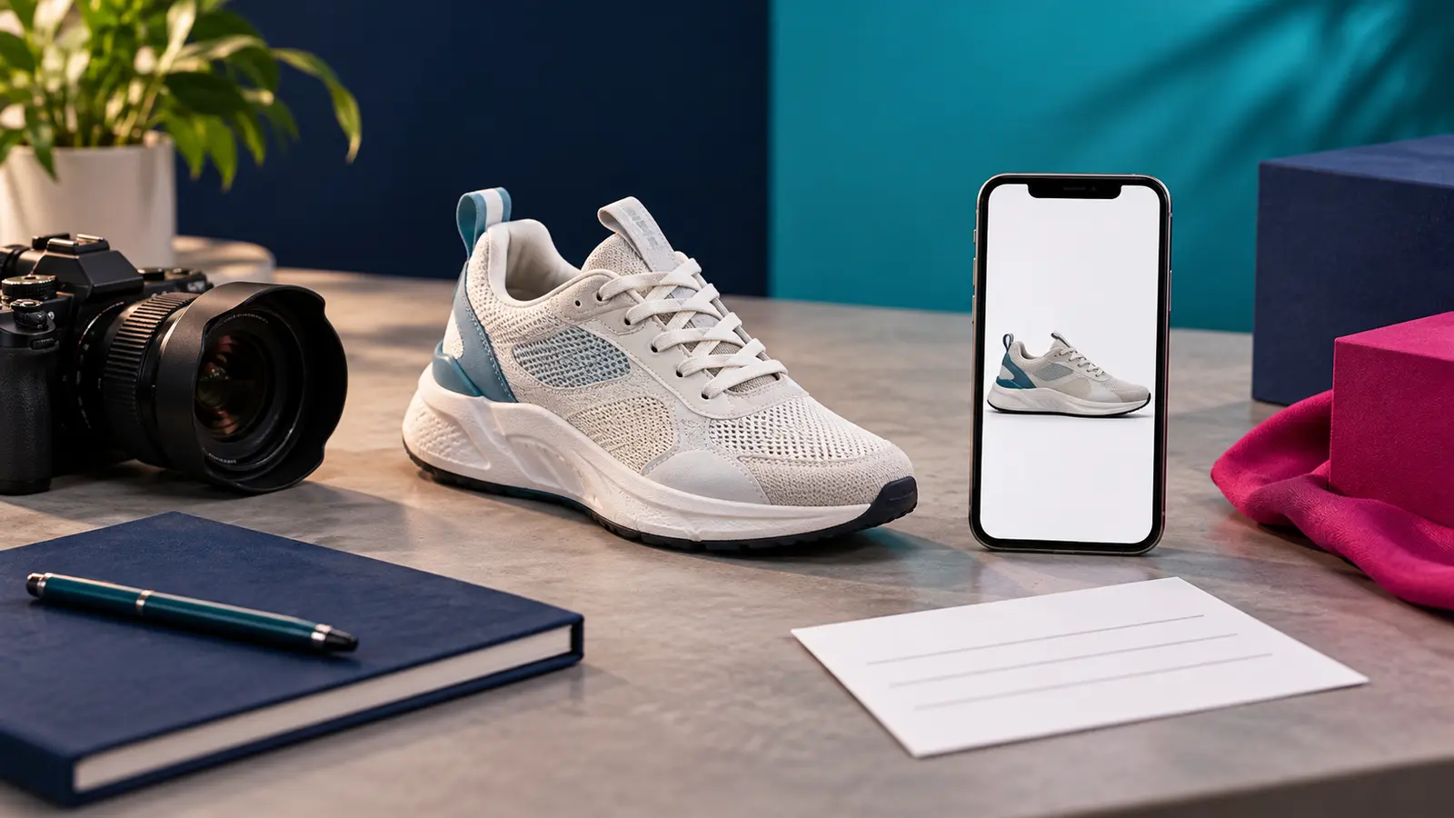 Unbranded sneaker photographed beside a product image on a phone for a conversion campaign.