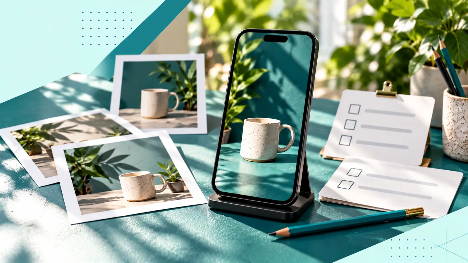 Product photo drafts, a phone and blank approval checklist on a social content workspace.
