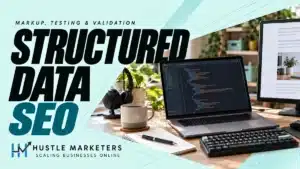 Structured data SEO guide with a laptop, illustrative code and a web page on a monitor.