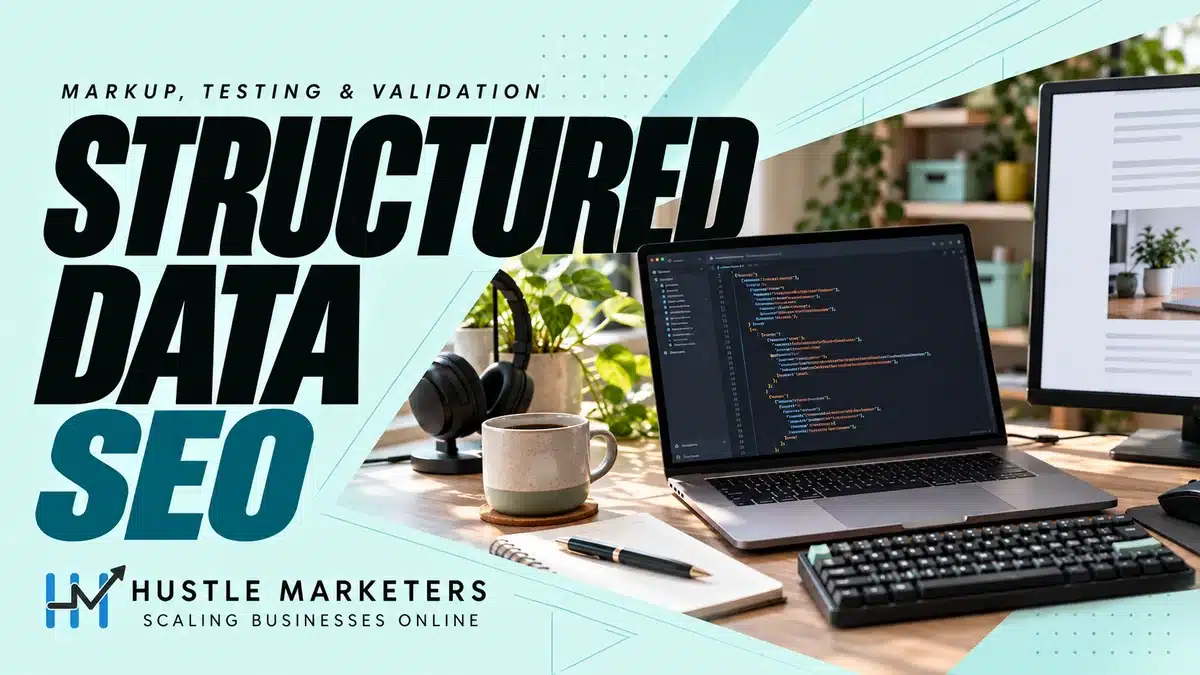 Structured data SEO guide with a laptop, illustrative code and a web page on a monitor.