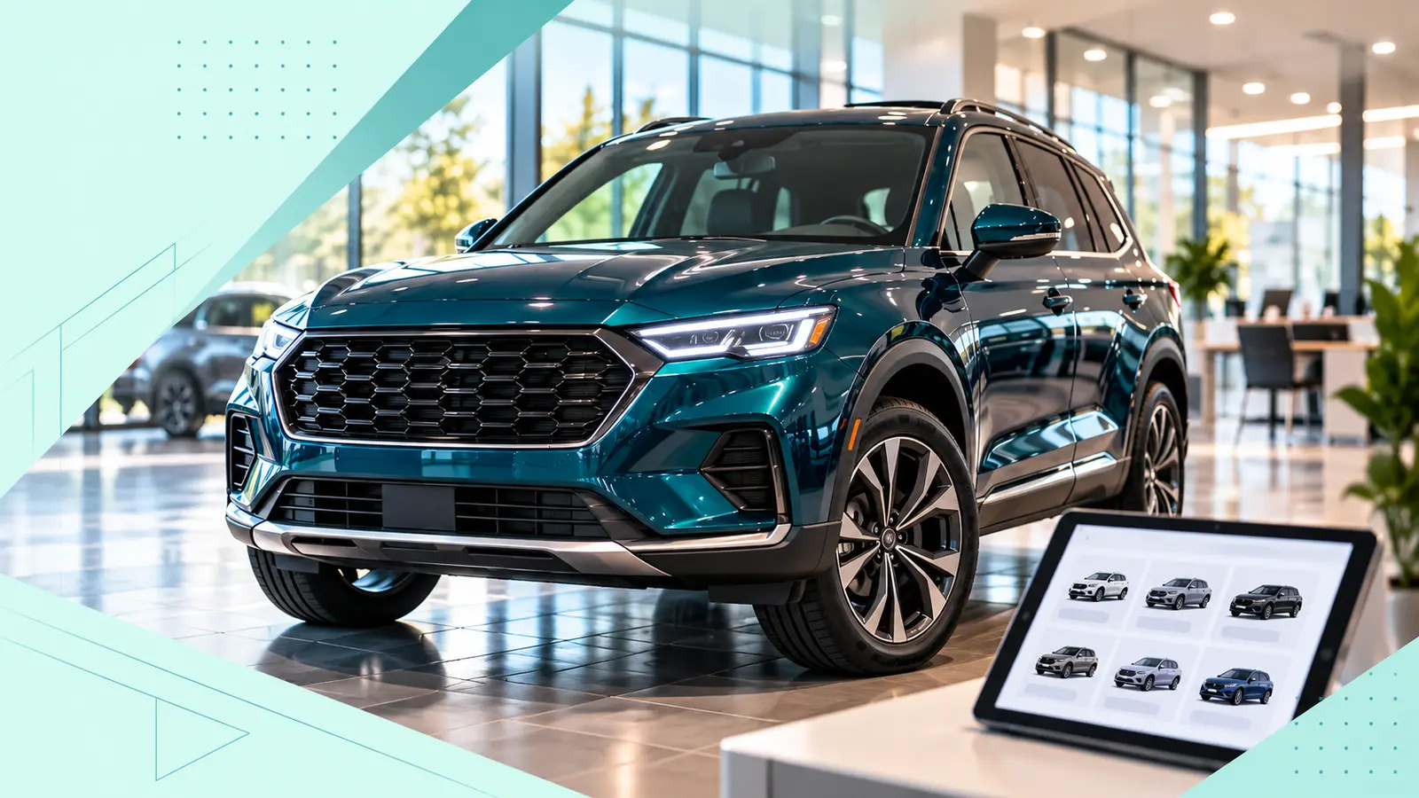 Teal SUV in a dealership showroom beside a vehicle inventory display.
