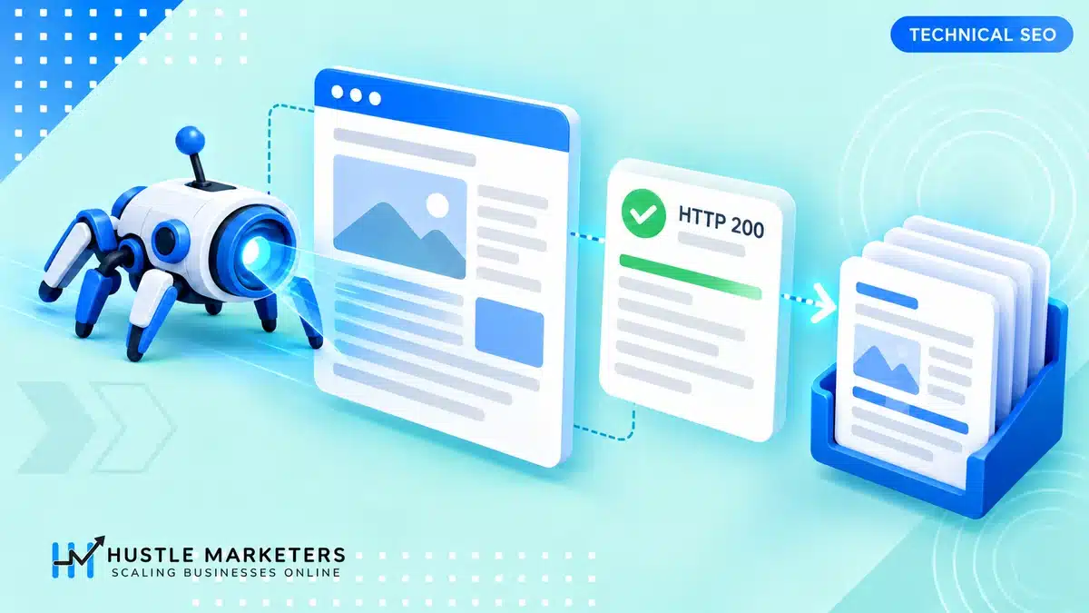 Technical SEO illustration of a crawler accessing a working HTTP 200 page for indexing.
