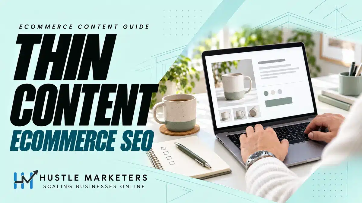 Thin ecommerce content guide with a product page, ceramic mug and review checklist.