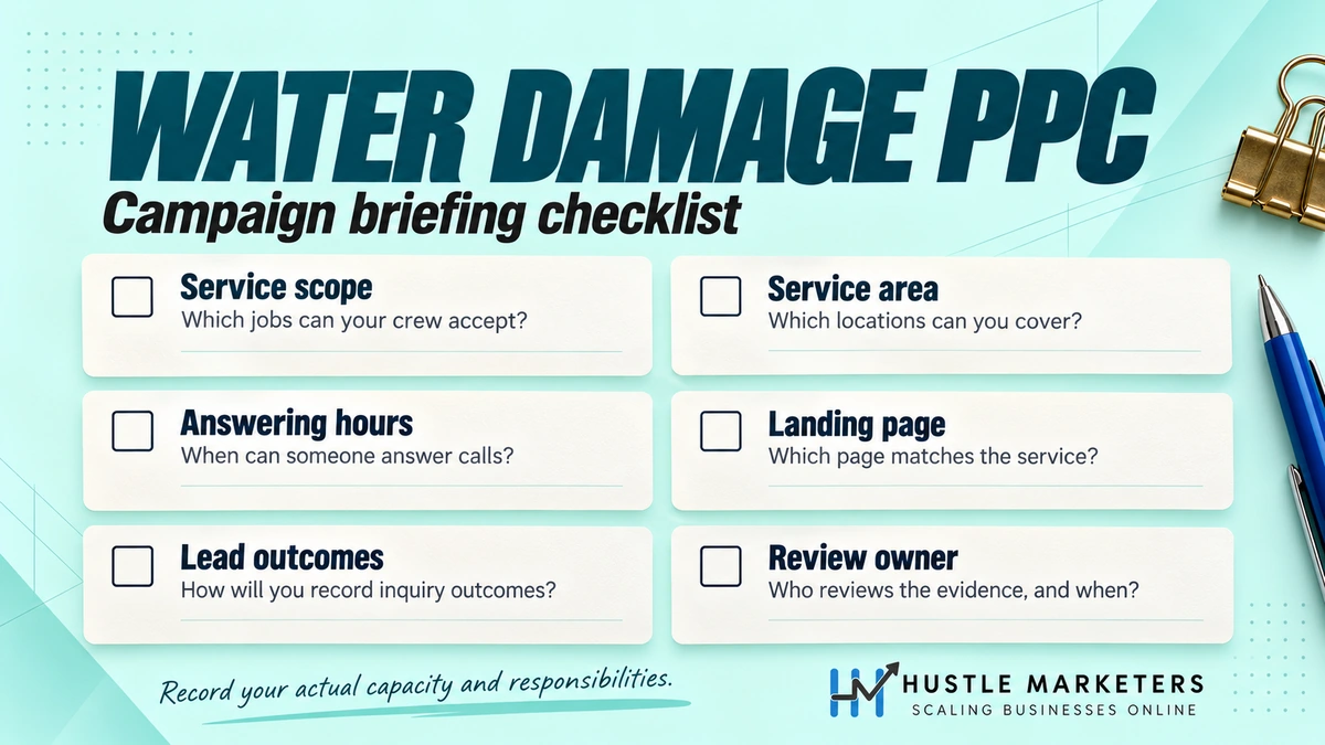 Water damage PPC campaign briefing checklist: service scope, service area, answering hours, landing page, lead outcomes and review owner.