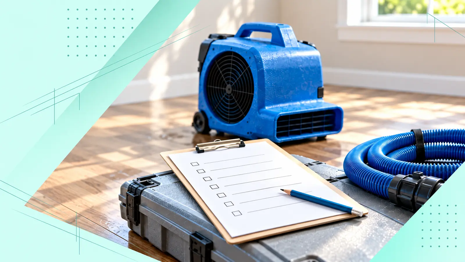 Blue restoration air mover, hose and blank checklist on a water-damage worksite.