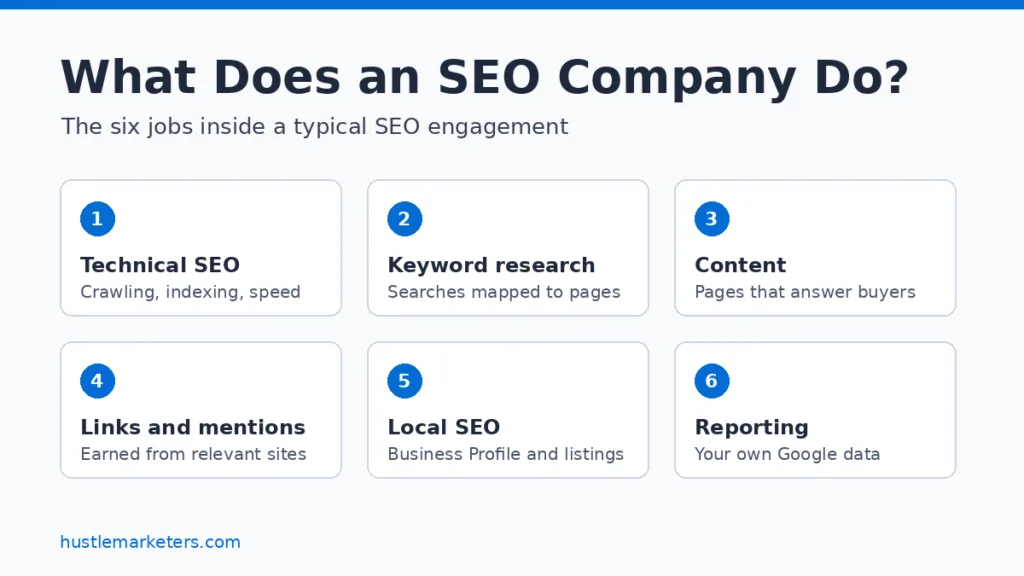 The six jobs an SEO company does: technical SEO, keyword research, content, links and mentions, local SEO, and reporting from your own Google data