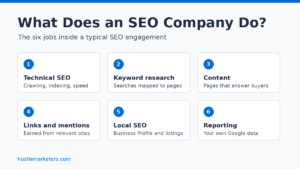 The six jobs an SEO company does: technical SEO, keyword research, content, links and mentions, local SEO, and reporting from your own Google data