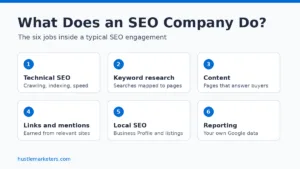 The six jobs an SEO company does: technical SEO, keyword research, content, links and mentions, local SEO, and reporting from your own Google data