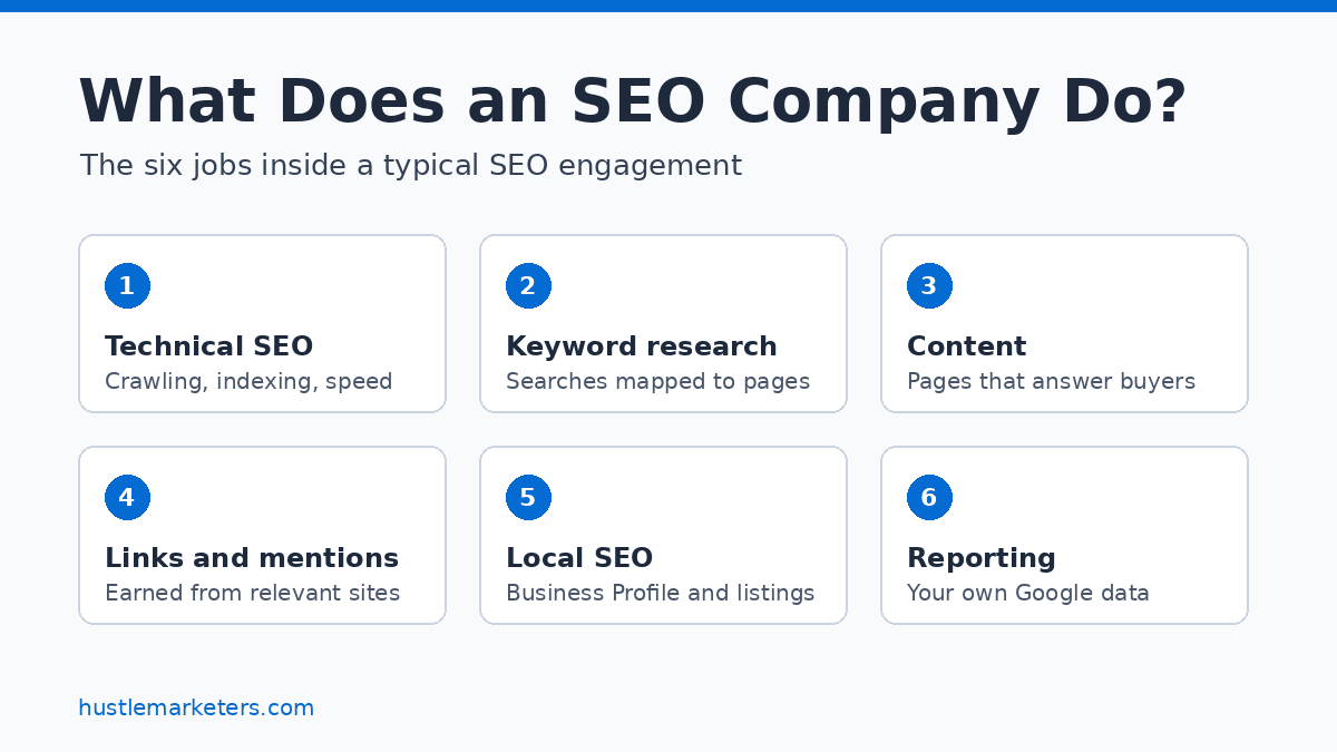The six jobs an SEO company does: technical SEO, keyword research, content, links and mentions, local SEO, and reporting from your own Google data