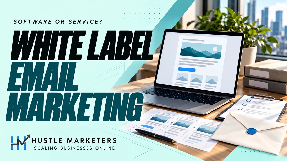 White label email marketing cover showing a large laptop with an illustrative email design beside a sealed envelope, campaign storyboard, approval sheet and client folders.