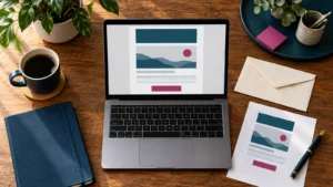 Unbranded email production workspace with an abstract email layout, proof sheet and envelope.