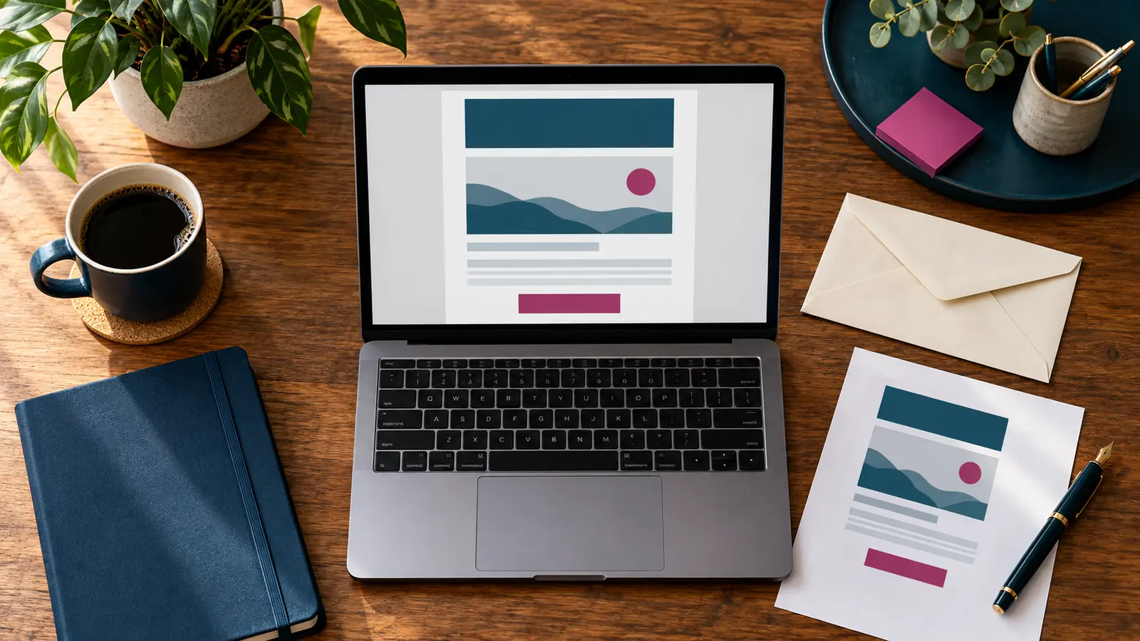 Unbranded email production workspace with an abstract email layout, proof sheet and envelope.