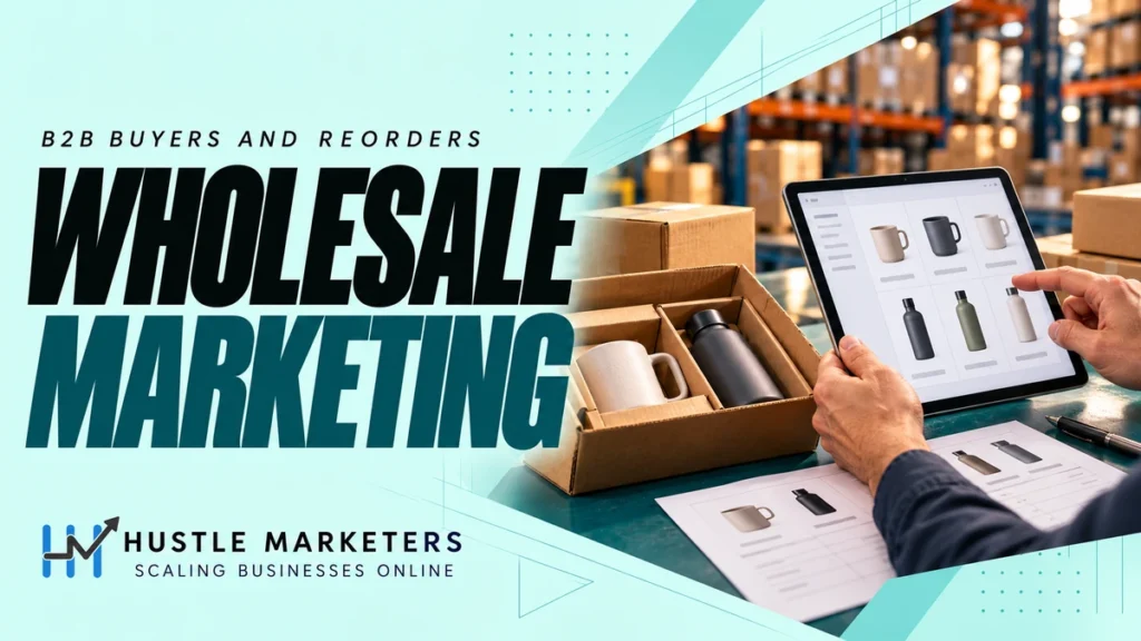 Wholesale marketing cover showing a trade buyer using an illustrative tablet catalog beside an open sample carton and product line sheet.