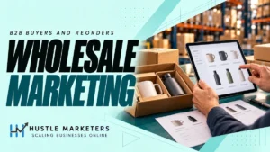 Wholesale marketing cover showing a trade buyer using an illustrative tablet catalog beside an open sample carton and product line sheet.