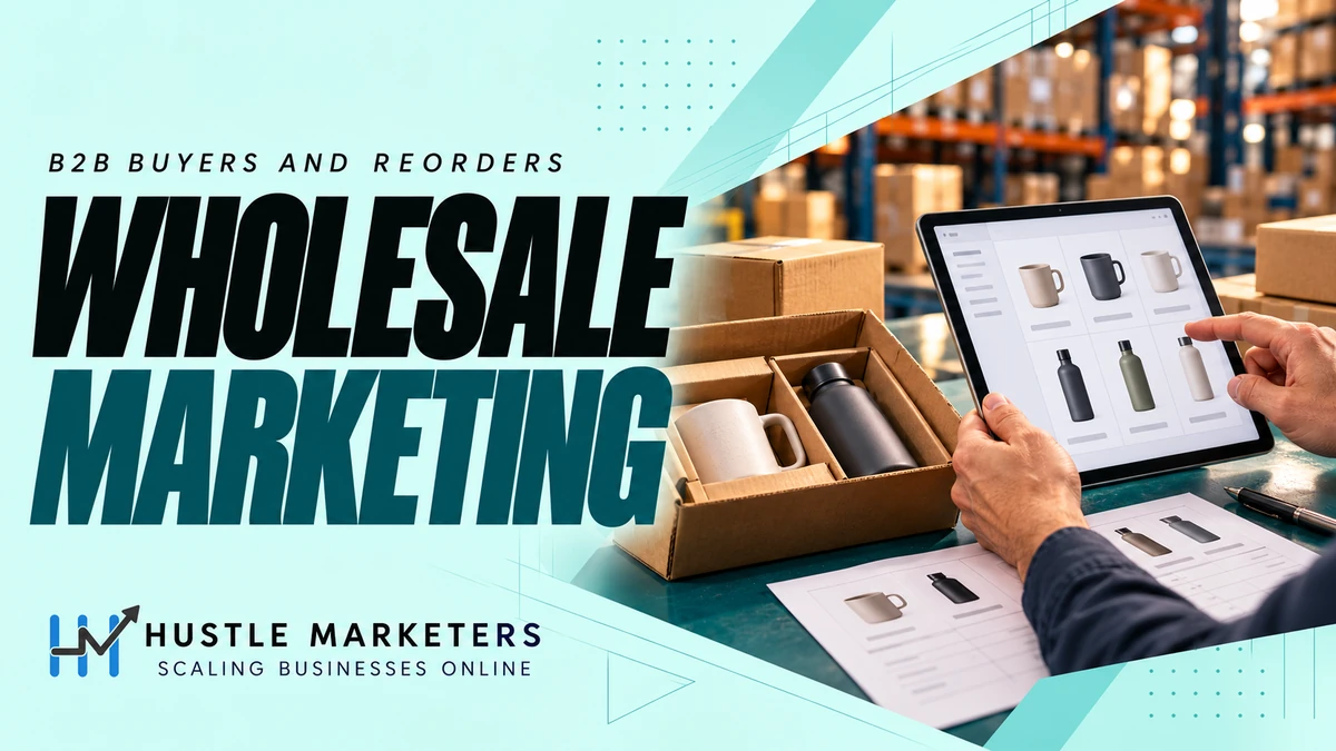 Wholesale marketing cover showing a trade buyer using an illustrative tablet catalog beside an open sample carton and product line sheet.