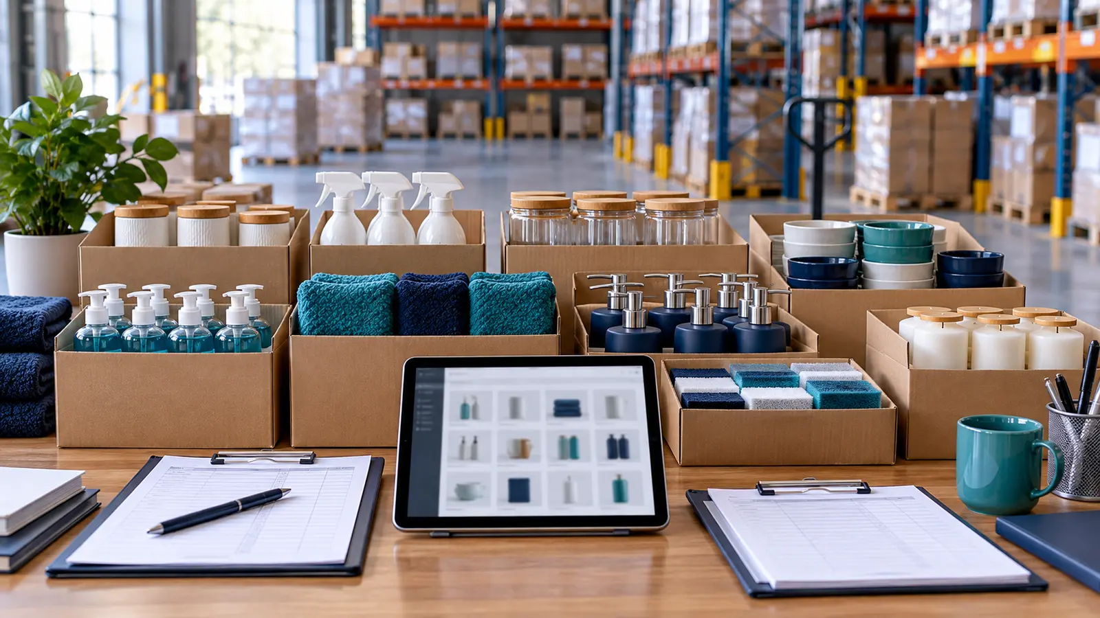Wholesale household product samples and order sheets on a distribution table.