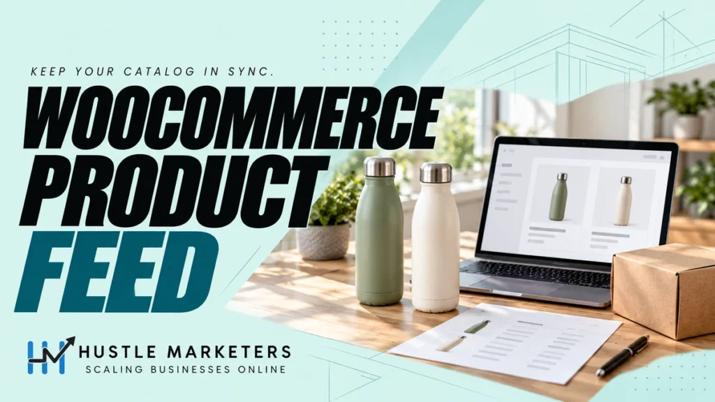 WooCommerce product feed cover showing a water bottle catalog, laptop and shipping box.
