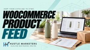 WooCommerce product feed cover showing a water bottle catalog, laptop and shipping box.