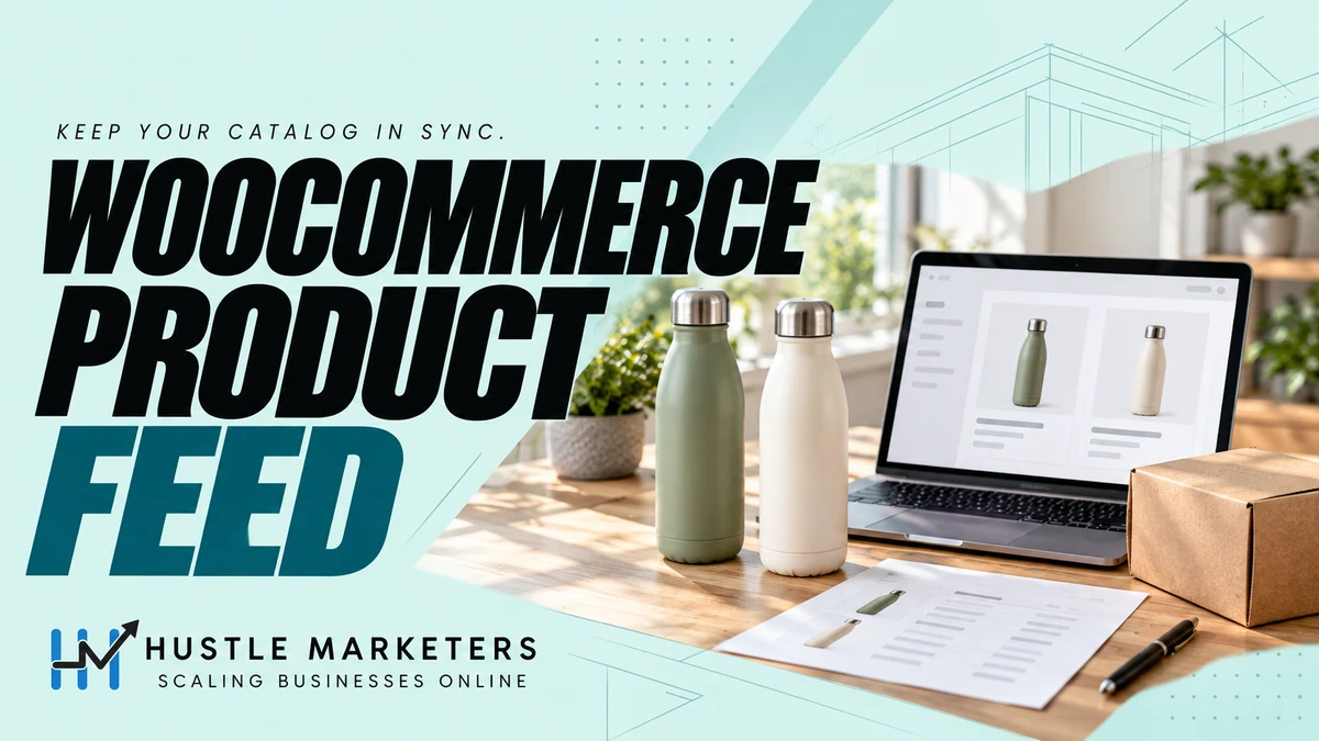 WooCommerce product feed cover showing a water bottle catalog, laptop and shipping box.