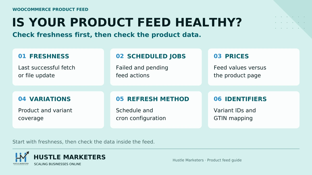 WooCommerce feed health checklist: freshness, scheduled jobs, prices, variations, refresh method and identifiers.