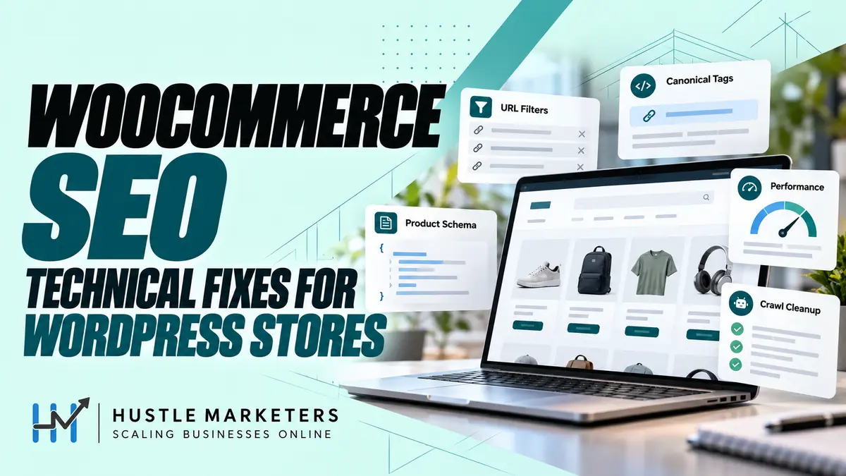 WooCommerce SEO technical fixes cover showing an illustrative online store with URL filters, canonical tags, product schema, performance and crawl cleanup.