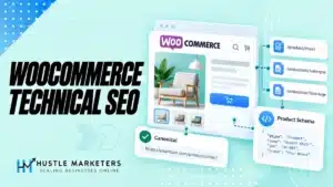 WooCommerce technical SEO illustration with product page, filtered URLs, canonical and product data.