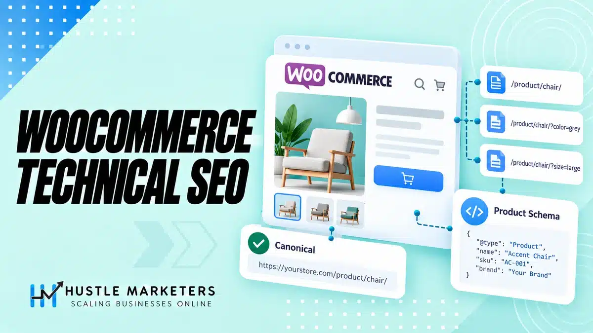 WooCommerce technical SEO illustration with product page, filtered URLs, canonical and product data.